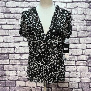 DKNY NWT Black & White V-Neck Short Sleeve Blouse Size L